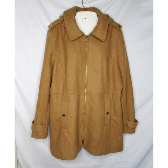 Michael Kors Wool Blend Coat Hoodie Shoulder Epaulets Lined Zip Front Size XXL - Picture 1 of 13